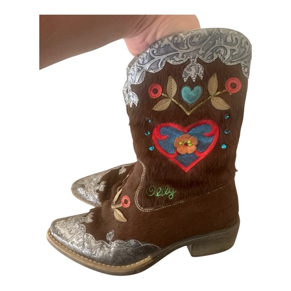 Vintage Oilily Embroidered Cow Hide Brown Western Boots 35 - Picture 6 of 8